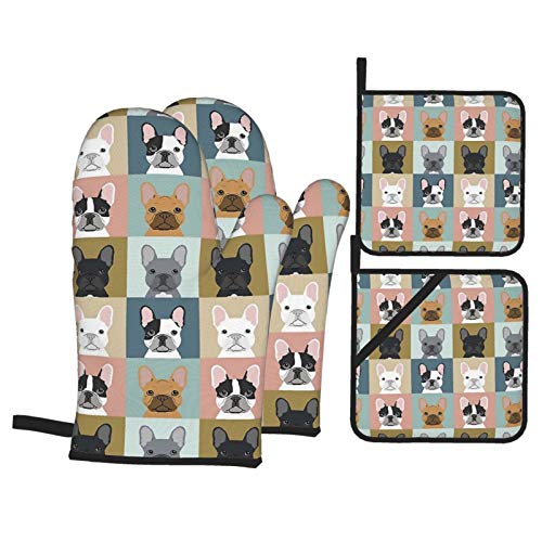 Msacrh Cute French Bulldogs Oven Mitts and Pot Holders Sets of 4,Resistant Hot Pads with Polyester Non-Slip BBQ Gloves for Kitchen,Cooking,Baking,Grilling