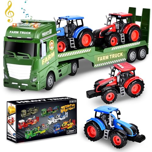 Herefun Fazenda camião de reboque brinquedo, trator camião transportador brinquedo, quinta veículos camião brinquedo com luzes e som, trator reboque para crianças, presentes para crianças 3 4 5 6 anos