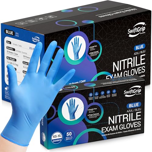 SwiftGrip Disposable Nitrile Exam Gloves, 3-mil, Blue, Nitrile Gloves Disposable Latex Free, Medical Gloves, Cleaning Gloves, Food-Safe Rubber Gloves, Powder Free, Non-Sterile, 1000-ct Case (XL)