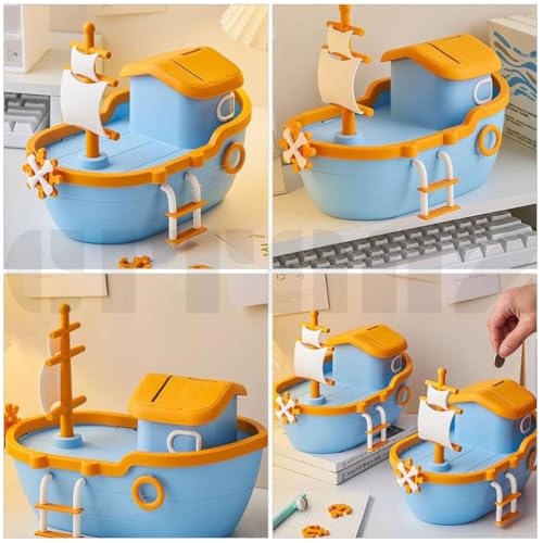Image of Pirate Ship Piggy Bank Kids Money Saving Bank Plastic Coin Bank Money Bank with Key Coin Saving Box Money Saving Box Tabletop Decoration Money Jar Creative Gifts.
