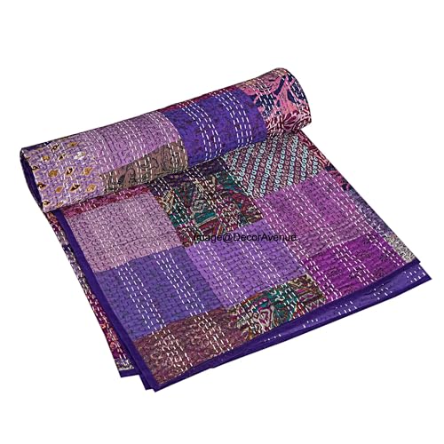 DecorAvenue Patchwork-Kantha-Steppdecke, Überwurf, handgefertigter Seiden-Bettbezug, Bettwäsche, Tagesdecke, Vintage-Handstich, dekorative Stranddecke (lila, Queen-Size-Bett: 228,6 x 274,3 cm)