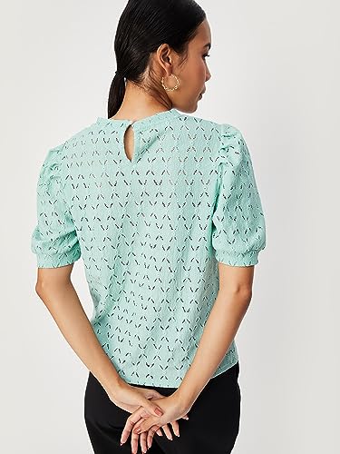 Image of Max Women Schiffli Knit Puffed Sleeve Regular Fit Top