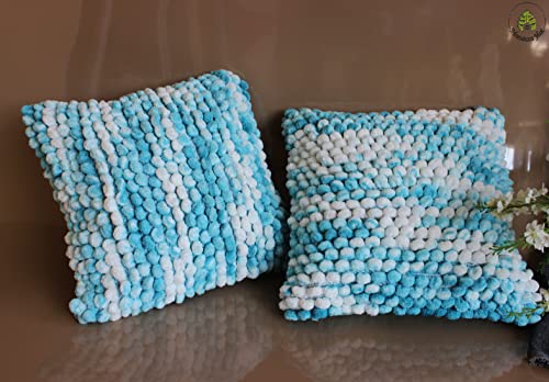 Image of Monstera Hut Boho POM POM Baby Blue Cushion Cover Pack of 2, (Cushion Cover 16x16inch) (40.6 x 40.6 cm)
