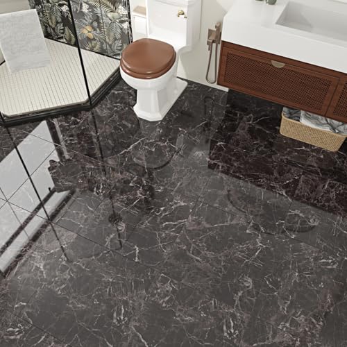 WESTICK 20 PCS Brown Black Marble Floor Tile Bathroom Self Adhesive Vinyl Stick on Tiles Glossy Granite Floor Tiles Peel and Stick Waterproof Kitchen Vinyl Flooring for Bedroom Laundry Room 12" x 12"