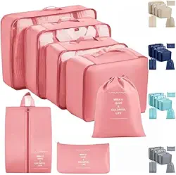 Kit Organizador de Malas para Viagem 7 Peças – Bolsas, Necessaire, Saco a Vácuo | Roupas, Sapatos, Maquiagem – Mala Organizada e Compacta – Ideal para Viagem e Bagagem de Mão (Rosa)
