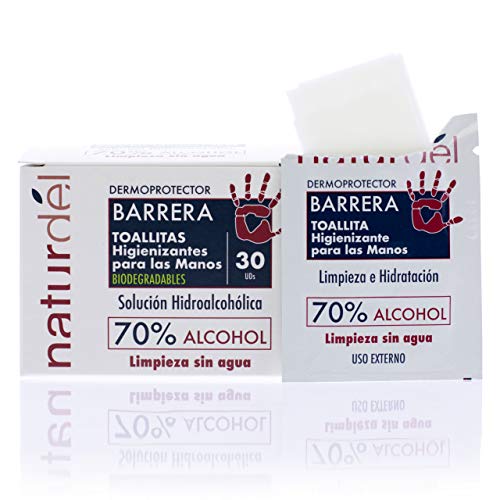 NATURDEL Toallitas Higienizantes de Manos, 70% Alcohol, Caja de 30 Toallitas/Sachets, Incoloro, 63 Mililitros