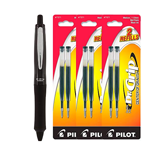 Refillable and Retractable Ballpoint Pen, Medium Point (1.0mm), Black Ink with Ballpoint Pen Refills, Medium Point (1.0mm), 6 Pcs