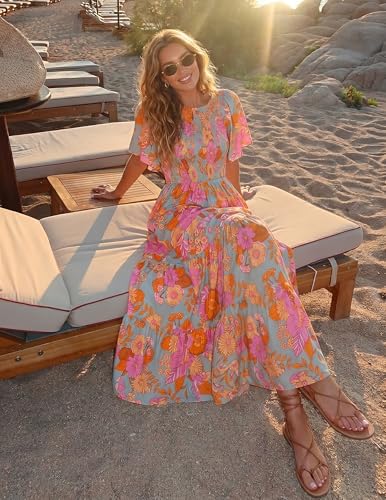 Image of ZESICA Women's 2026 Summer Boho Floral Maxi Dresses Casual Short Flutter Sleeve Smocked Tiered Flowy Dress