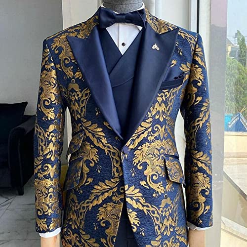 Men's Suit Floral Jacket Pant Vest Wedding Tuxedo 3 Piece Set Male Blazer Navy Blazer Party Outfit4