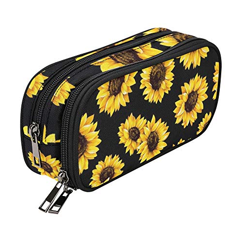 ANANGTEE Estuche para lápices de girasoles para adolescentes, niñas, niños, mujeres y niños, gran capacidad, material escolar, papelería, 3 cremalleras, estuche organizador suave para suministros de