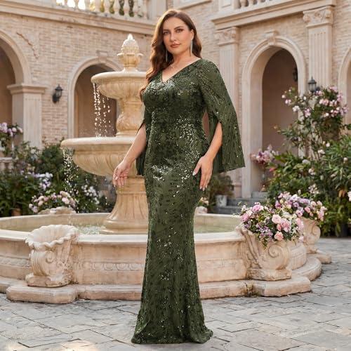 Image of Plus Size Formal Dresses for Women with Embroidery Sequin and Cape Sleeve, V-Neck Maxi Dress for Wedding and Party