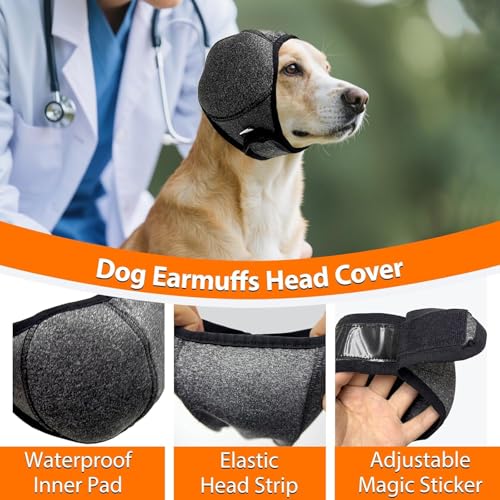 Image of Dog Calm Hoodie Ear Wraps for Dogs, Waterproof Dog Swim Cap, Ear Cover Muffs for Anxiety Relief Noise Cancelling, Dog Head Warp Ear Protection for Hematoma Fireworks Bath Swim Blow Drying(L,Greye)