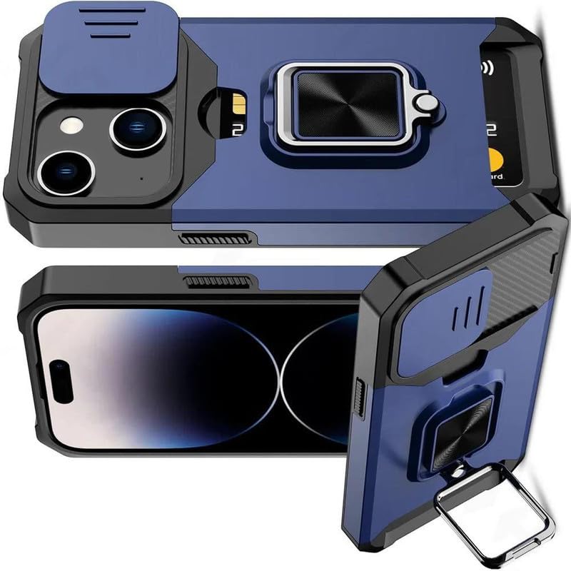 Image of LuxuryKase Shockproof Armor Case for iPhone 15 | Slide Camera Cover | Hidden Card Slot | Rotating Ring Kickstand | Magnetic Car Mount Support | Military Grade Protection - Blue