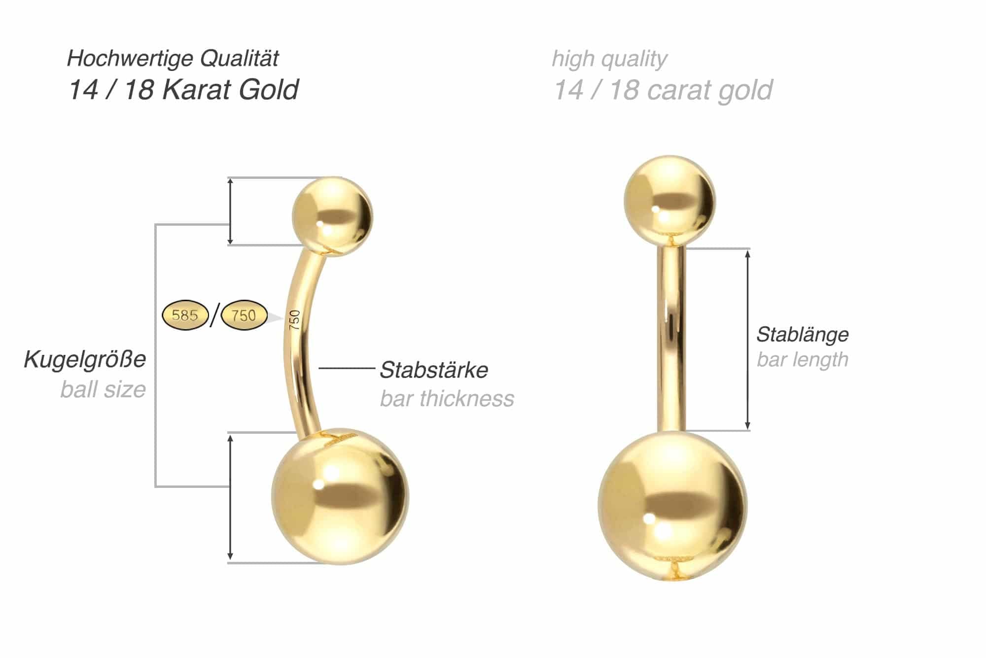 PIERCINGLINE Bauchnabelpiercing 14K Gold Bananabell GOLDKUGEL 585er Gold - Goldfarben