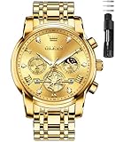 OLEVS Orologi per gli uomini di lusso in acciaio inossidabile Mens Dress Watch facile da leggere Big Face Diamond Chronograph Casual Analogico Numeri romani Reloj para Hombre, Cinturino Oro Quadrante