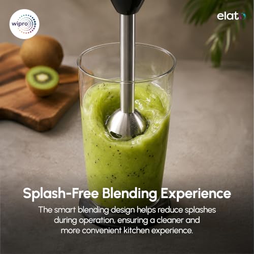 Image of Wipro Elato FMB 204 Hand Blender with Chopper and Whisk|Powerful 200 Watt Copper Motor With Rust Free Steel Arm|3 in1 Multi-functional Mode|Four In One Blade-Churn, Whip,& Blend|Black|2- Year Warranty