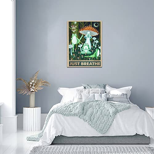 Funny Frog Wall Decor Vintage Frog Mushroom Pictures Wall Art Country Forest Night Painting Just Breathe Canvas Print Framed Home Artwork For Bathroom Bedroom Kitchen Office 12"X16" #TOP6