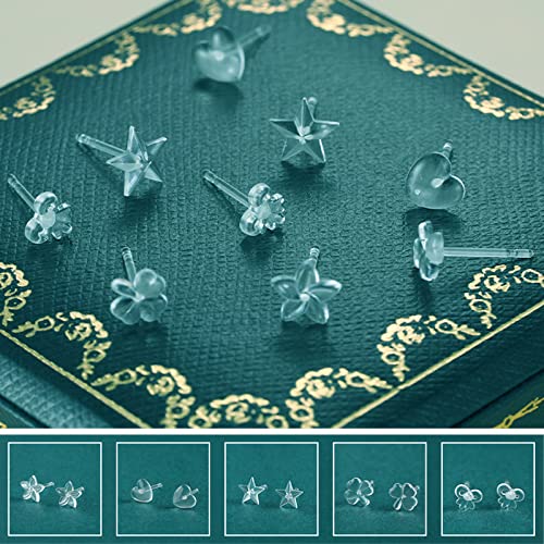 DaKuan 15 Pairs Plastic Earrings - 5 Styles, Soft Rubber Back, Sensitive Ears, Clear2