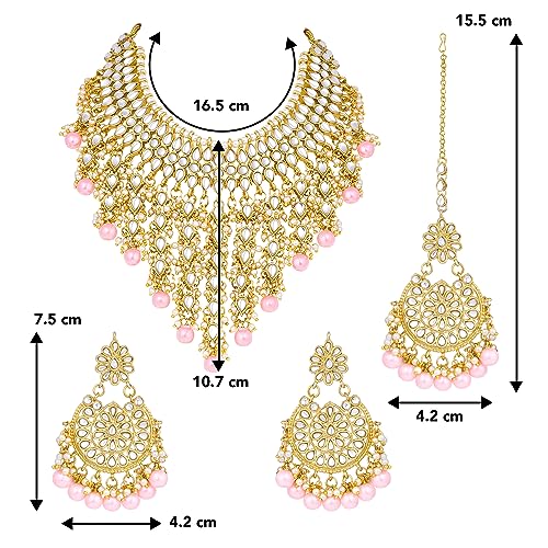 Image of Peora Kundan & Beads Studded Necklace Earrings & Maangtikka Set Ethnic Jewellery for Women & Girls