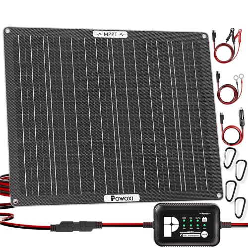 POWOXI 50W Solar Battery Charger: 12V Solar Car Battery Trickle Maintainer - with MPPT Controller Parameter Adjustable - for RV Boat Marine Motorcycle Trailer Truck Tractor - Solar Panel Kit