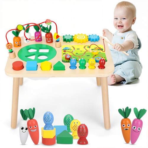 Activity Table, Montessori Toys for 1 2 Year Old Girls Boy Gifts, 7 in 1 Wooden Sensory Play Table for Toddler 1 2 3, Learning Toys for Baby 12-18 Months 1st Christmas Birthday Gifts