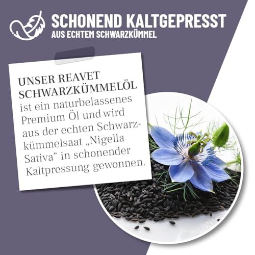 ReaVET Schwarzkümmelöl für Hunde & Pferde 500ml, Kaltgepresst aus echter Schwarzkümmelsaat Nigella Sativa, Reines Schwarzkümmel Öl zur Fellpflege & Fütterung mit Omega-6 & Omega-9