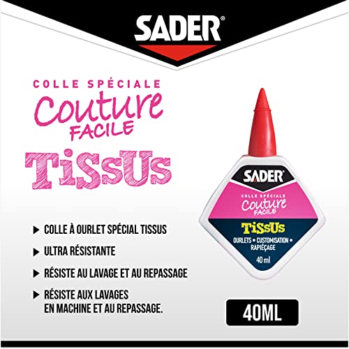 Sader Colle Spéciale Couture "Finis les Ourlets" – Colle Tissus et Textiles : Jeans, Cuir, Coton, etc – Ourlets, Customisation, Rapiéçage – Résiste aux Lavages – Flacon 40 ml