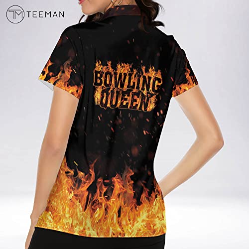 Teeman Personalized 3D Bowling Queen Fire Flame Bowling Shirts For Women, Custom Quick-Dry Bowling Shirts Short Sleeve Polo For Girls, Bowling Flame Team Shirts For Women #TOP4