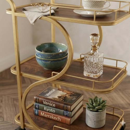 Image of Serving Trolley with Wheels for Home, Tea Food Drinks Serving Kitchen Trolley Restaurant, Hotels,Dining Room bar cart with Wheels (Gold-Brown)