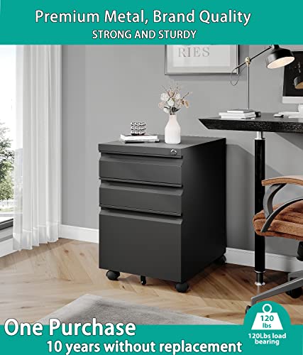 Image of SISESOL 3 Drawer Mobile File Cabinet with Lock,Black Under Desk File Cabinets with Wheels,Rolling Metal Filing Cabinet for Home Office,Fit Legal /Letter /a4 File,Fully Assembled Except Caster