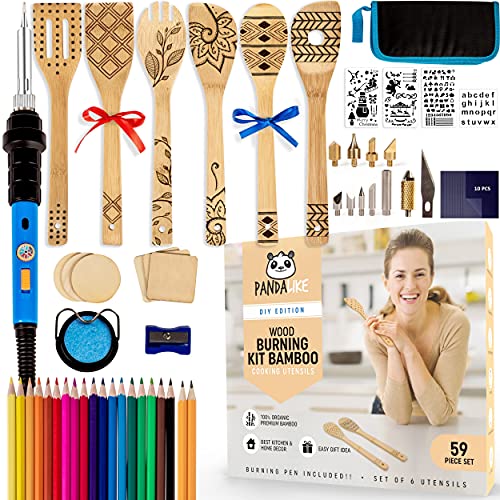 PANDALIKE Wood Burning Bamboo Utensils Kit - Craft Set with 6 Wooden Spoons for Cooking, Pyrography Branding Iron Pen, Colored Pencils, Wood Slices, Stencils, Storage Case - Woodworking Gift - 59pcs