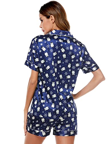 Image of LecGee Womens Silk Satin Pajamas Short Sleeve Loungewear Two-Piece Sleepwear Button-Down Pj Set Blue Snowy Penguin-03 Small