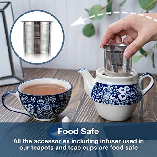 Taimei Teatime Hand Painted Tea for One Set, Ceramic Tea Pot(11 fl oz) and Cup Set with Infuser for Loose Leaf Tea, Blue and White - Thumbnail 2