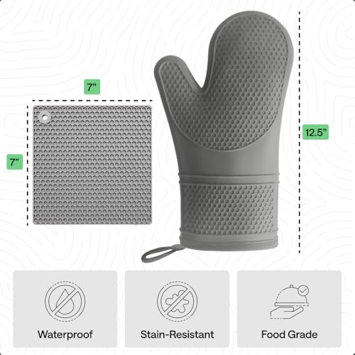 Image of GORILLA GRIP BPA-Free Soft Silicone Oven Mitts and Pot Holders Sets of 4, Heat Resistant Waterproof Cooking Gloves, Thick Cotton Lining, Flexible Gripping for Baking Grilling, Kitchen Trivets, Gray