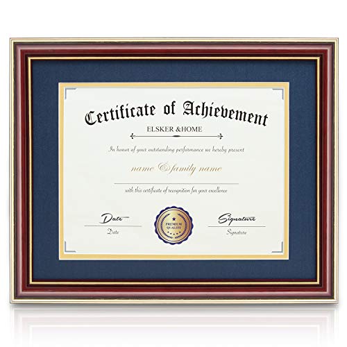 Image of ELSKER&HOME 8.5x11 Document Frame with Navy Mat,Real Wood Reddish | High Gloss Brown Wood Frame for Certificates Sized 8.5x11 Mat and 11x14 Without Mat (Double Mat, Navy with Golden Rim)