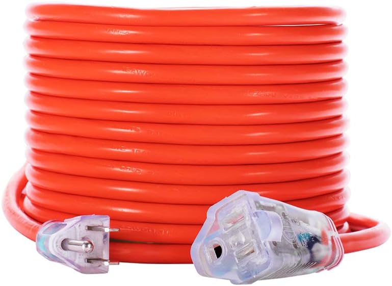 KMC 50ft 16AWG Outdoor Extension Cord, SJTW 16/3 Lighted Power Cord, Bright Orange, ETL Certified (50ft/15.24m)