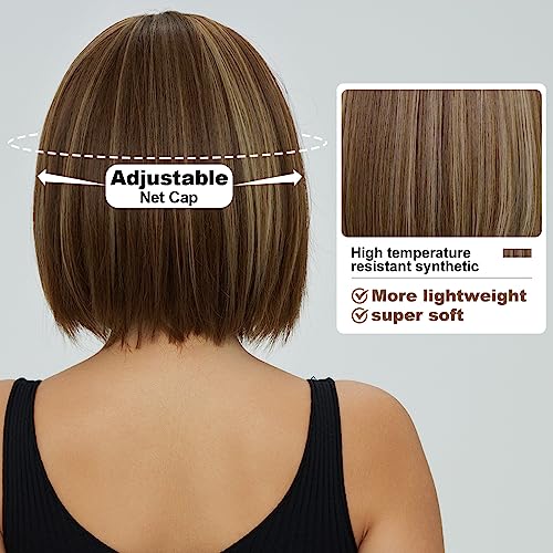EMMOR Brown Bob Wig with Bangs 13" Short Bob Wigs for Women Heat Resistant Synthetic Wig Natural Looking for Daily Use Party and Cosplay(Brown with Blonde Highlights) - Image 4