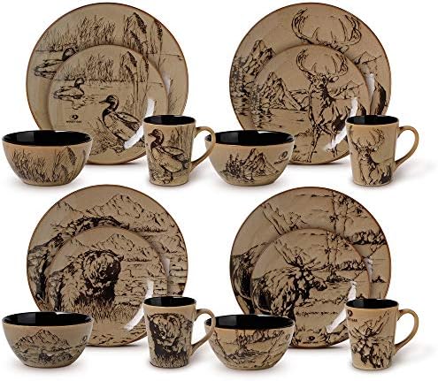 Unknown1 Wilderness Animals 16 Piece Dinnerware Set (Service for 4) Brown Animal Country Round Stoneware Piece Dishwasher Safe Microwave