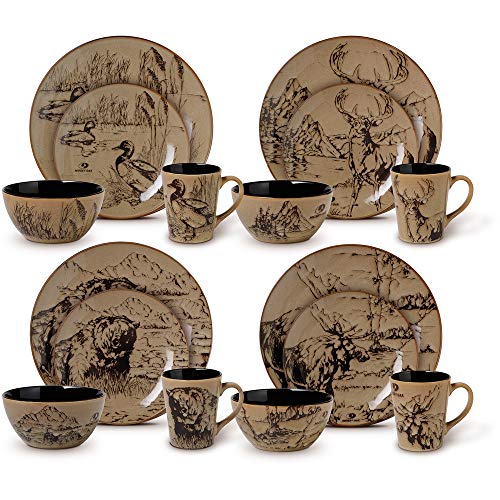 Unknown1 Wilderness Animals 16 Piece Dinnerware Set (Service For 4) Brown Animal Country Round Stoneware Piece Dishwasher Safe Microwave #TOP27