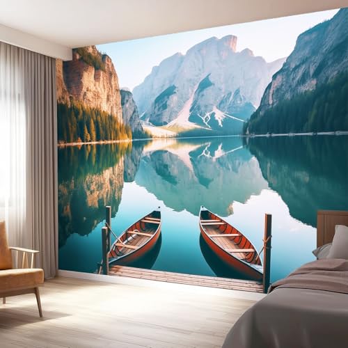 Papel Pintado Pared Montañas Lagos Pequeñas Embarcaciones, Azul-Verde Mural Autoadhesivo 150 x 105 cm（WxH Adhesivo Muebles Autoadhesivo Papeles Pintados Baño para Salón Pasillo