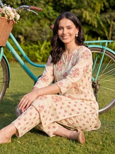 Image of INDO ERA Women Pure Cotton Printed Straight Kurta Set with Palazzo Pants - Ethnic Wear | Cord Set For Women Cotton