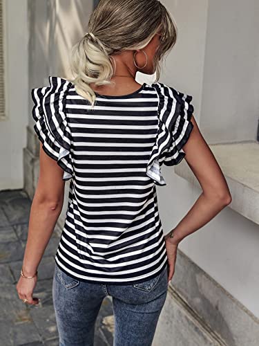 Soly Hux Women's Striped T Shirt Ruffle Cap Sleeve Round Neck Summer Tee Tops Black And White Striped L #TOP1