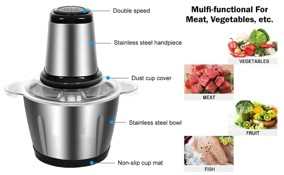 Image of 2L Electric Food & Meat Chopper with 4 Stainless Steel Blades, 2 Speed Modes, Powerful Motor for Multi-Function Food Processor Meat, Vegetables, Nuts & Daily Kitchen Use