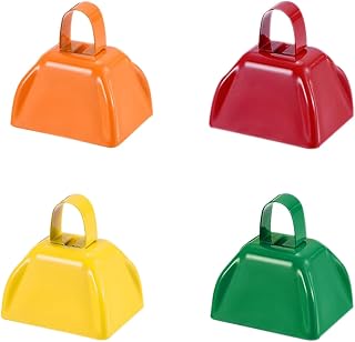 3Inch Cowbells Set for Sporting Events, 4Pcs Small Cow Bells Loud Noise Makers with Handle for Cheering Football Games Marathon Weddings Party Noisemakers, Yellow & Red & Orange & Green