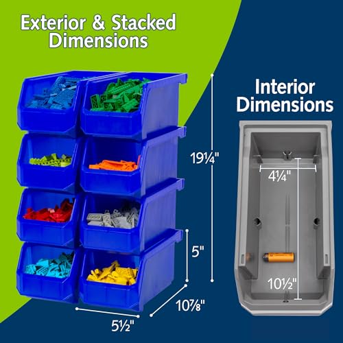 Image of ReadySpace Plastic Containers for Organizing and Storage Bins for Closet, Kitchen, Office, Garage or Pantry Organization, Stackable Bins, Medium (11 inch x 5 inch x 5.5 inch), 8-Pack, Blue