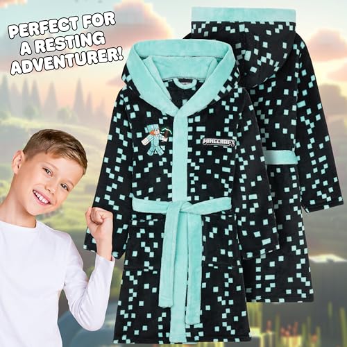 Minecraft Bademantel Kinder Jungen Weicher Fleece Morgenmantel mit Kapuze Badeponcho Creeper Gamer Geschenke für Jungs (9-10 Jahre, Anthrazit)