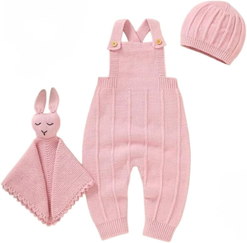 Baby Knit Overalls Set with Beanie and Bunny Security Blanket, Pink, 3-Piece Set.