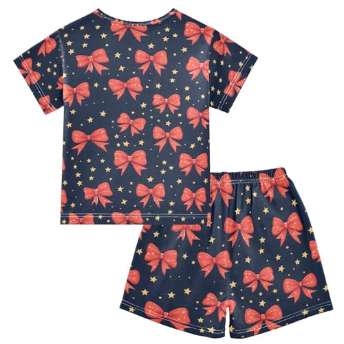 ALAZA Red Bow Star Blue Pajamas Set Short Sleeve Cotton Sleepwear Summer Pjs 2 Piece 5-14Y2