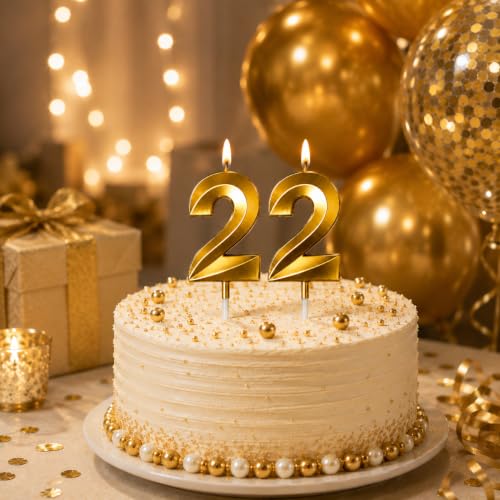 Image of Number Candles3 Inch For Birthday, Wedding, Engagement, Valentines Day Celebration, Bridal Shower, Bachelors Decoration Gold (Numerical No 22), Wax, Unscented