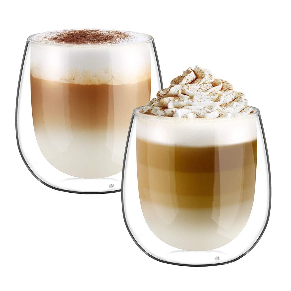 glastal 2x250ml Double Walled Coffee Glasses Mugs Cappuccino Latte Macchiato Glasses Cups for Coffee Tea Milk Juice Ice Cream Borosilicate Heat Resistant Glass Cups